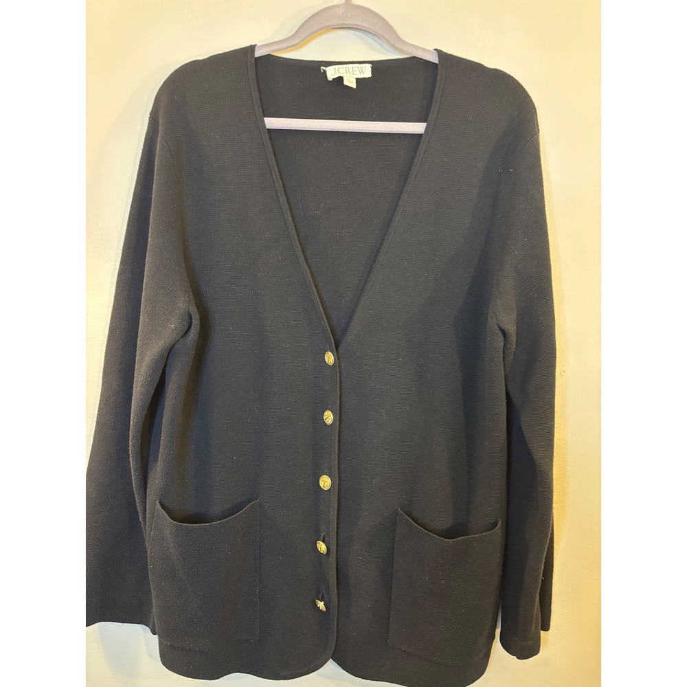 J Crew Black Cotton Blend V Neck Long Cardigan L Gold Buttons
